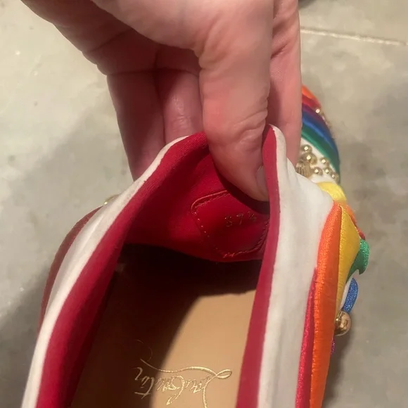 Christian Louboutin White Slip-On Sneakers with Rainbow Embroidery & Gold Studs - Picture 2 of 5